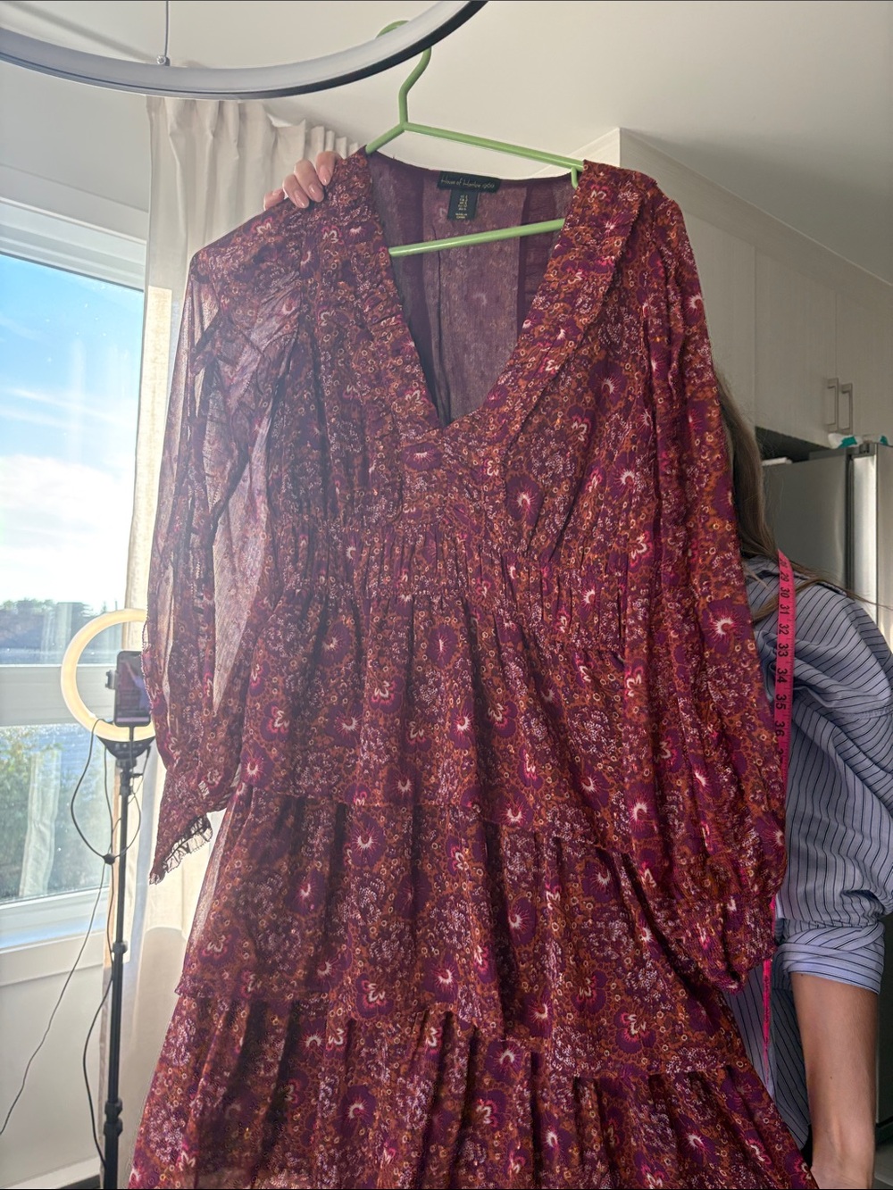 333 Boho Tiered Long-Sleeve Dress - Burgundy Floral